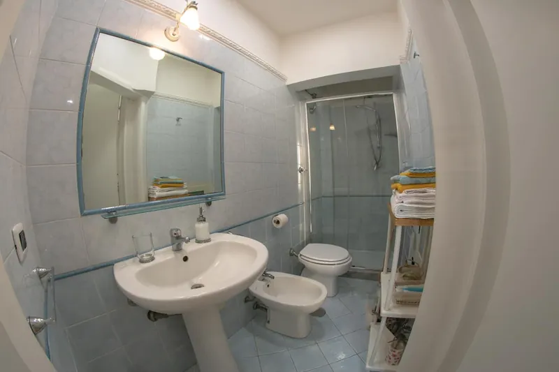 The bathroom: the mirror, the washbasin and the glass-walled shower.